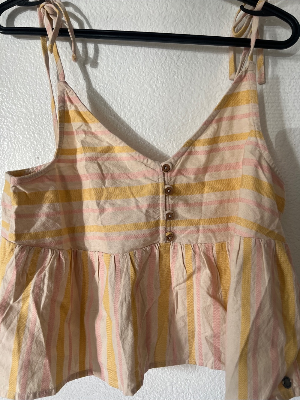 Roxy Striped Yellow Pink Cream Tie-Shoulder Crop Top